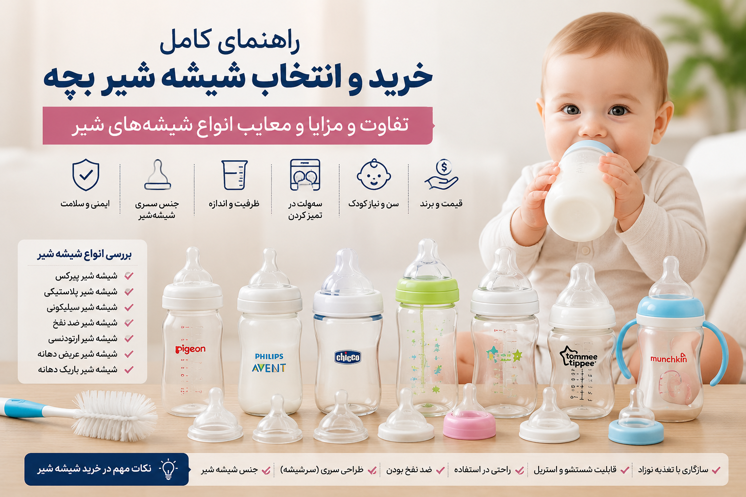 راهنمای کامل خرید و انتخاب شیشه شیر بچه | تفاوت و مزایا و معایب انواع شیشه‌های شیر